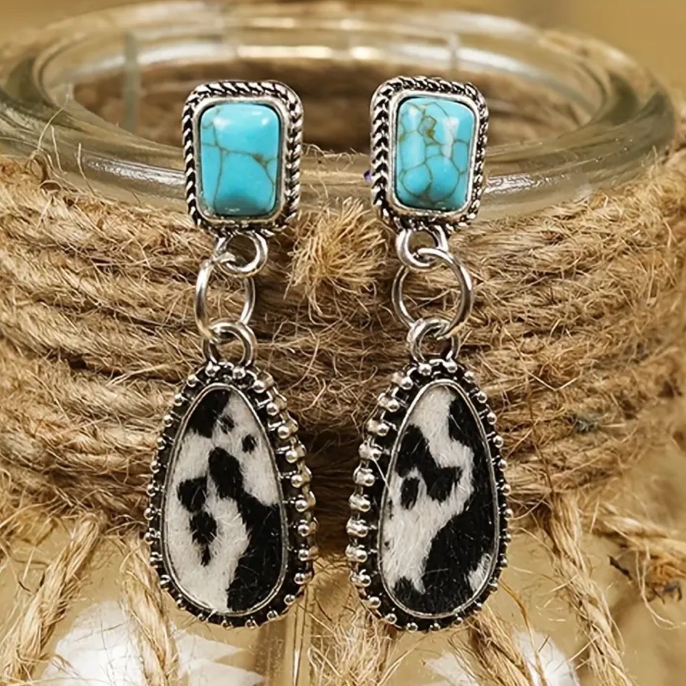 Cow Print Cowhide Textured Dangle Earrings